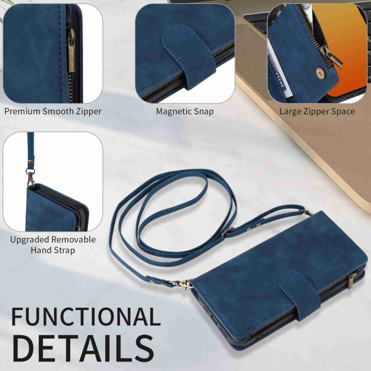 Avelena | iPhone 15 Pro Crossbody Mehrfachkarten Steckplatz Geldbörse Reißverschluss Leder Handyhülle - Dunkelblau