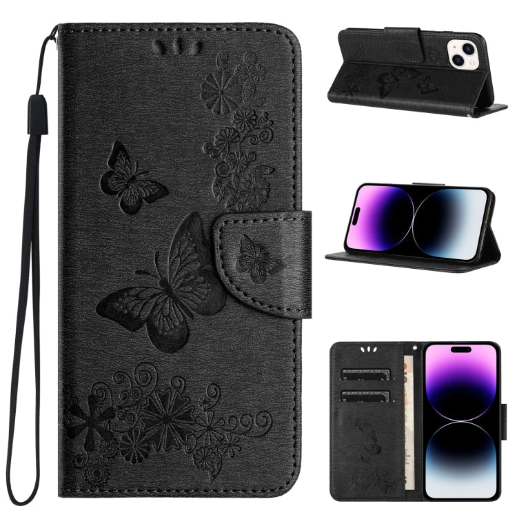 Avelena | iPhone 15 Butterfly Prägung Flip Leder Handyhülle - Schwarz