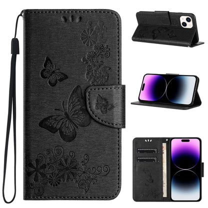 Avelena | iPhone 15 Butterfly Prägung Flip Leder Handyhülle - Schwarz