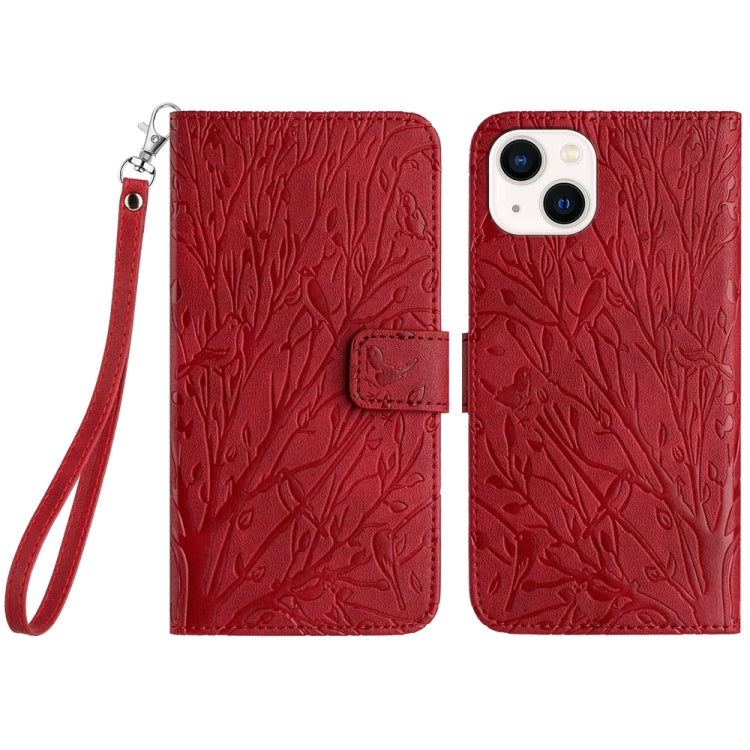 Avelena | Iphone 14 Plus Baum Vögel Prägung Muster Leder Handyhülle - Rot