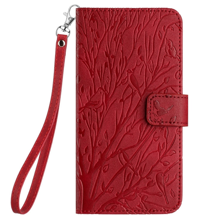 Avelena | Iphone 14 Plus Baum Vögel Prägung Muster Leder Handyhülle - Rot