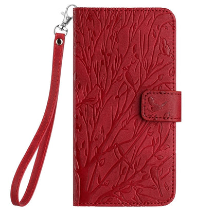 Avelena | Iphone 14 Plus Baum Vögel Prägung Muster Leder Handyhülle - Rot