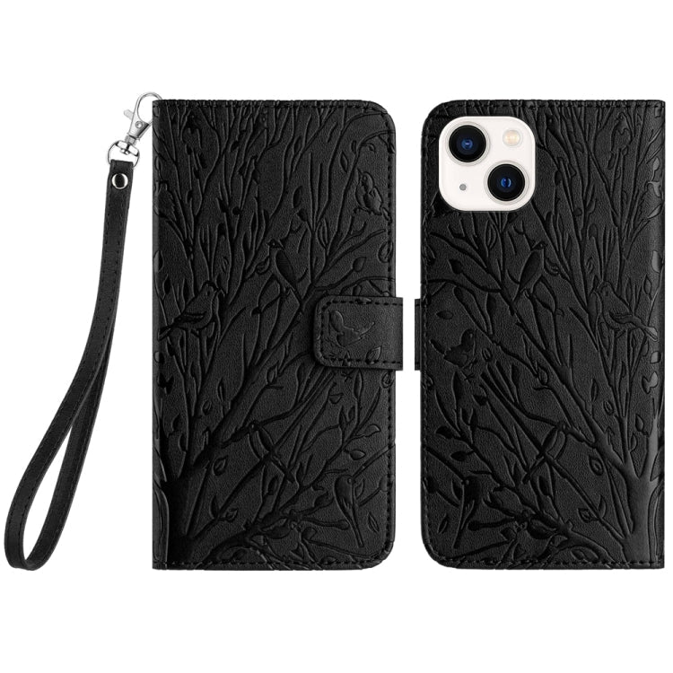 Avelena | Iphone 14 Plus Baum Vögel Prägungsmuster Leder Handyhülle - Schwarz