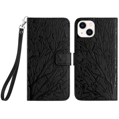 Avelena | Iphone 14 Plus Baum Vögel Prägungsmuster Leder Handyhülle - Schwarz