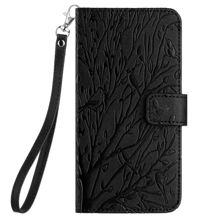 Avelena | Iphone 14 Plus Baum Vögel Prägungsmuster Leder Handyhülle - Schwarz