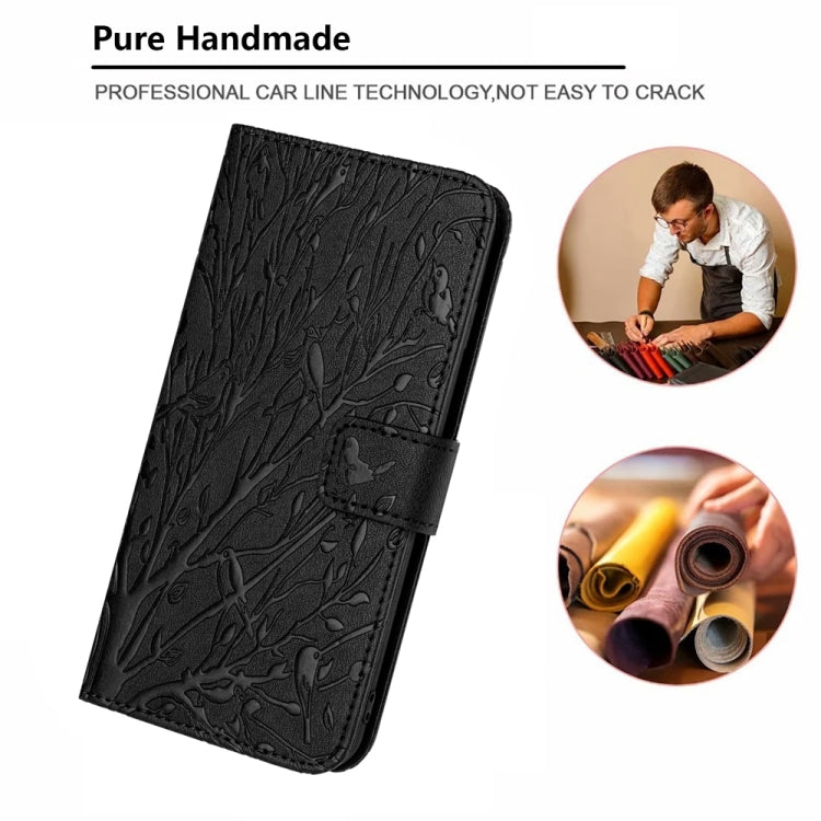 Avelena | Iphone 14 Plus Baum Vögel Prägungsmuster Leder Handyhülle - Schwarz