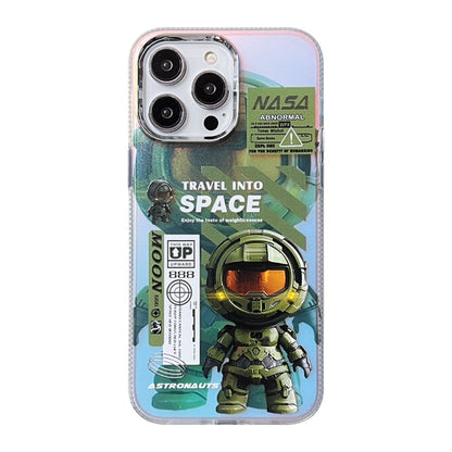 Avelena | iPhone 14 Pro Fluoreszierende Laser Astronauten Handyhülle - Armeegrün
