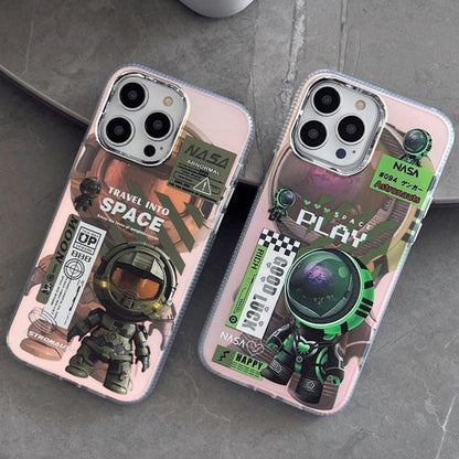 Avelena | iPhone 14 Pro Fluoreszierende Laser Astronauten Handyhülle - Armeegrün