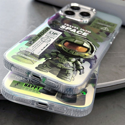 Avelena | iPhone 14 Pro Fluoreszierende Laser Astronauten Handyhülle - Armeegrün