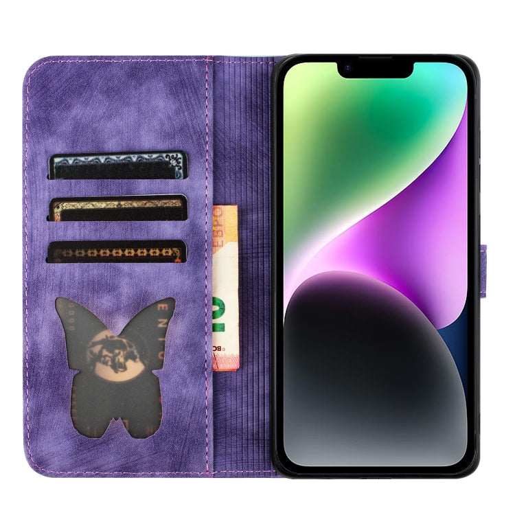 Avelena | iPhone 14 Schmetterlingskatze Prägung Flip Leder Handyhülle - Lila