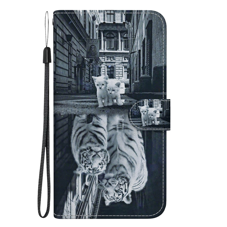 Avelena | iPhone 14 Kristalltextur Farbiges Zeichnen Leder Telefonhülle - Katze Tiger Reflexion