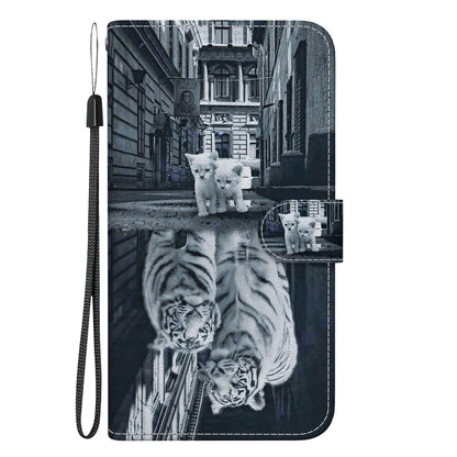 Avelena | iPhone 14 Kristalltextur Farbiges Zeichnen Leder Telefonhülle - Katze Tiger Reflexion