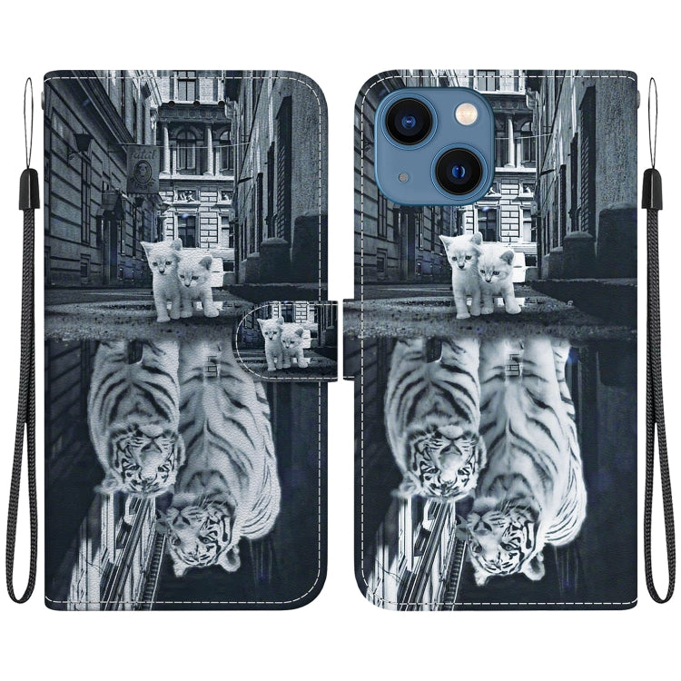 Avelena | iPhone 14 Kristalltextur Farbiges Zeichnen Leder Telefonhülle - Katze Tiger Reflexion