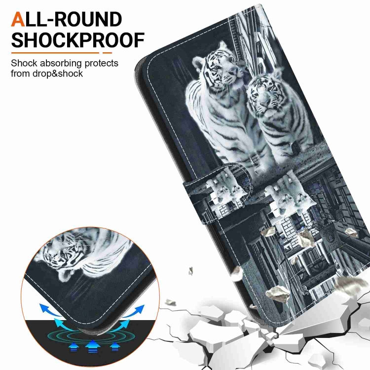 Avelena | iPhone 14 Kristalltextur Farbiges Zeichnen Leder Telefonhülle - Katze Tiger Reflexion