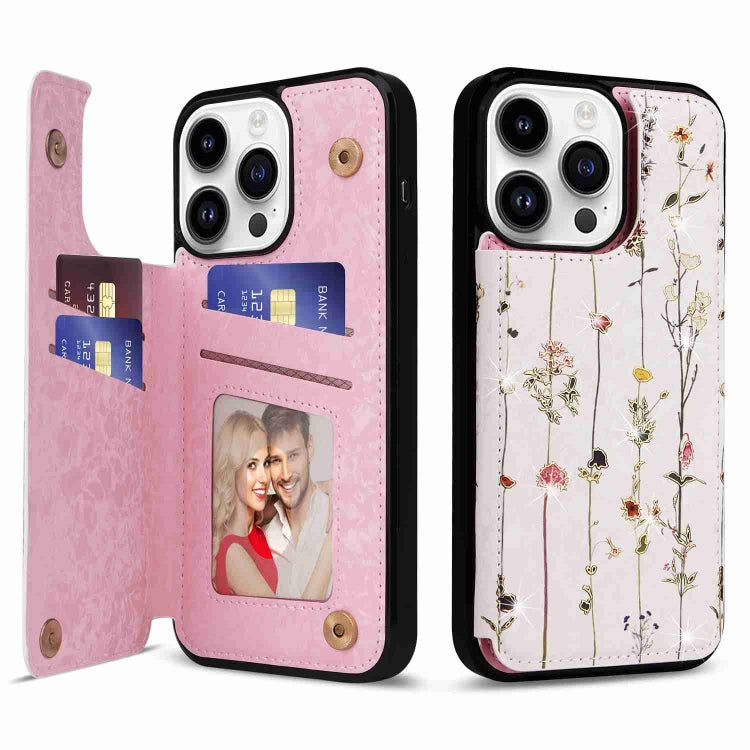 Avelena | iPhone 14 Pro Gedruckte Doppelbuckle RFID Diebstahlschutz Telefonhülle - Getrocknete Blumenwelt