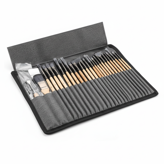 Avelena | Professionelles Kunstpinsel-Set | 24-teilig | Hochwertiges Synthetikhaar | Natürliche Holzgriffe | Inkl. Malspachtel & PVC-Rollentasche