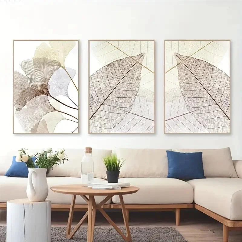 Avelena | Front Sale Set mit 3 Stk Modern Botanische Blatt Wandkunst Schöne Kunstdrucke Einfache Neutrale Farb Bilder für Wohnzimmer Skandinavischer Stil Wohnkultur