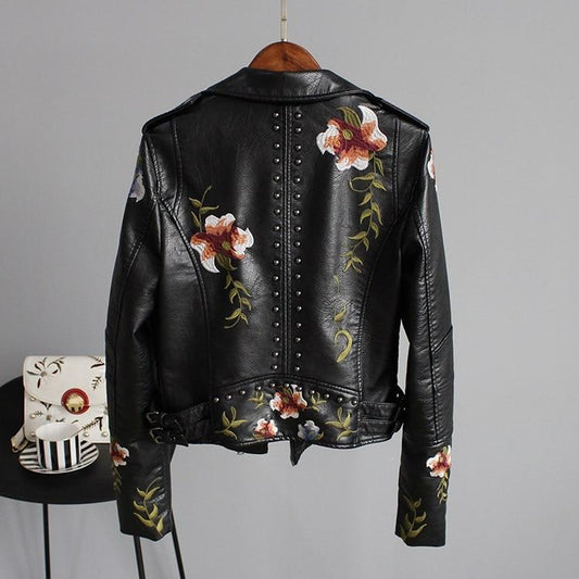 Avelena - Lederjacke mit Blumenstickerei