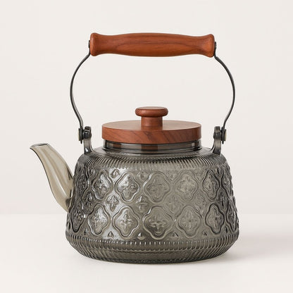 Avelena | Zoie Glas Teekanne mit Sieb – Hitzebeständiger 1000ml Borosilikat-Kessel mit Holzgriff