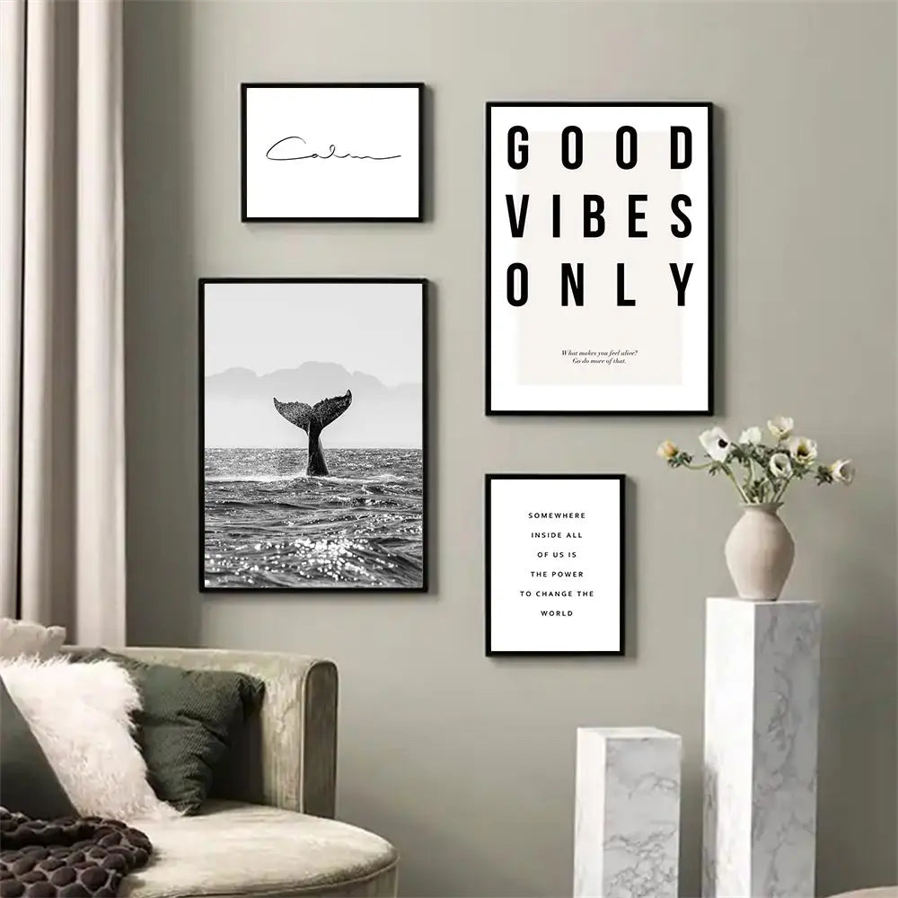 Avelena | Gute Vibes Nur Schwarz Weiß Wal Poster Nordische Bilder Der Ruhe Wandkunst Feine Kunst Leinwanddruck Galerie Wandkunst Druck für Modernes Zuhause