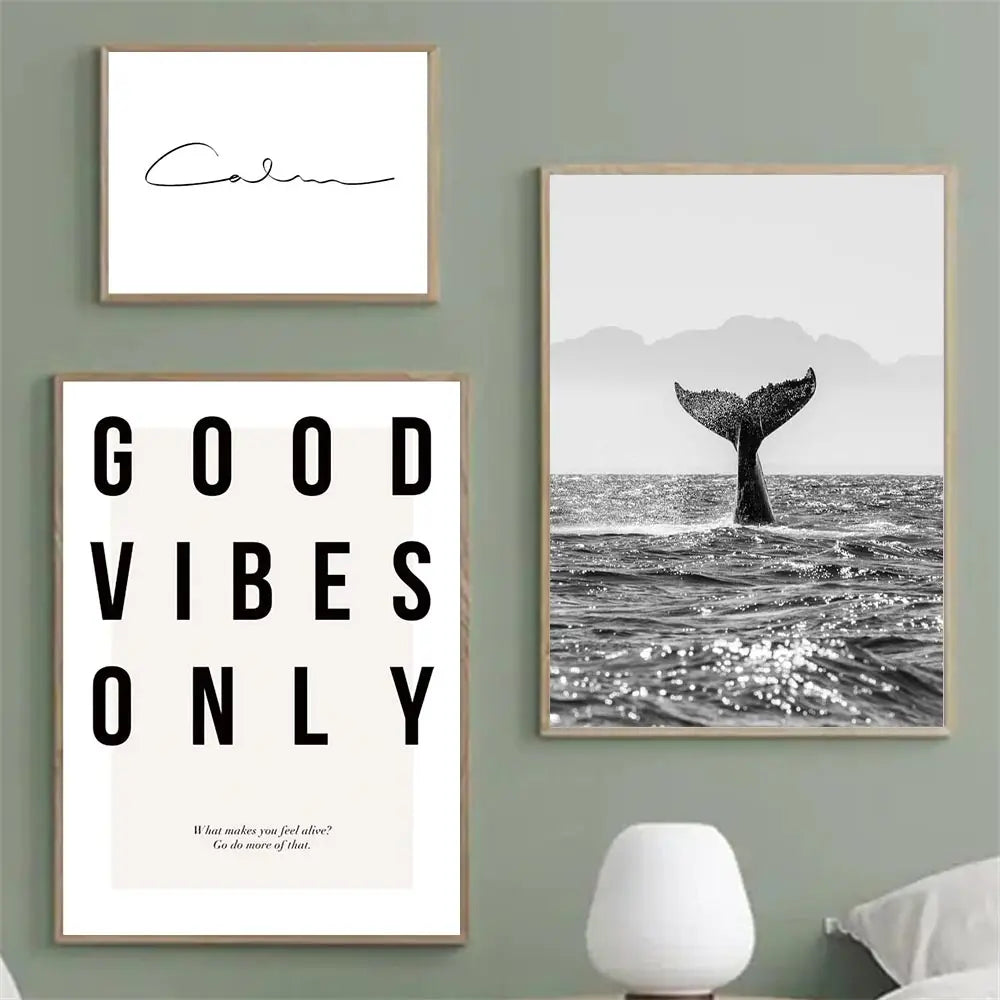 Avelena | Gute Vibes Nur Schwarz Weiß Wal Poster Nordische Bilder Der Ruhe Wandkunst Feine Kunst Leinwanddruck Galerie Wandkunst Druck für Modernes Zuhause