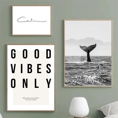 Avelena | Gute Vibes Nur Schwarz Weiß Wal Poster Nordische Bilder Der Ruhe Wandkunst Feine Kunst Leinwanddruck Galerie Wandkunst Druck für Modernes Zuhause