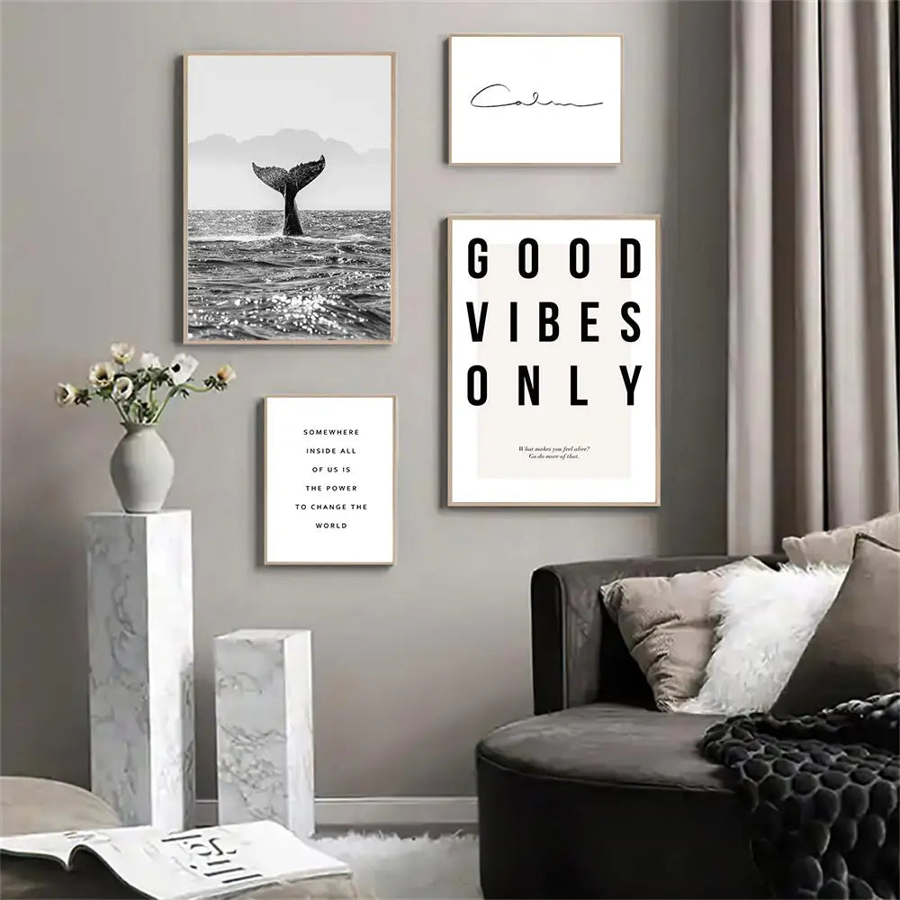 Avelena | Gute Vibes Nur Schwarz Weiß Wal Poster Nordische Bilder Der Ruhe Wandkunst Feine Kunst Leinwanddruck Galerie Wandkunst Druck für Modernes Zuhause