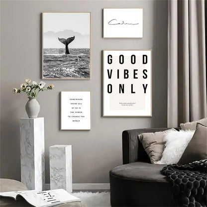 Avelena | Gute Vibes Nur Schwarz Weiß Wal Poster Nordische Bilder Der Ruhe Wandkunst Feine Kunst Leinwanddruck Galerie Wandkunst Druck für Modernes Zuhause