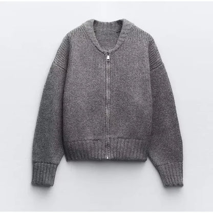 Avelena | Grau O-Ausschnitt Strick Frauen Pullover Jacke Mode