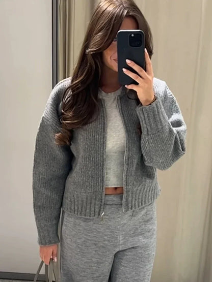 Avelena | Grau O-Ausschnitt Strick Frauen Pullover Jacke Mode