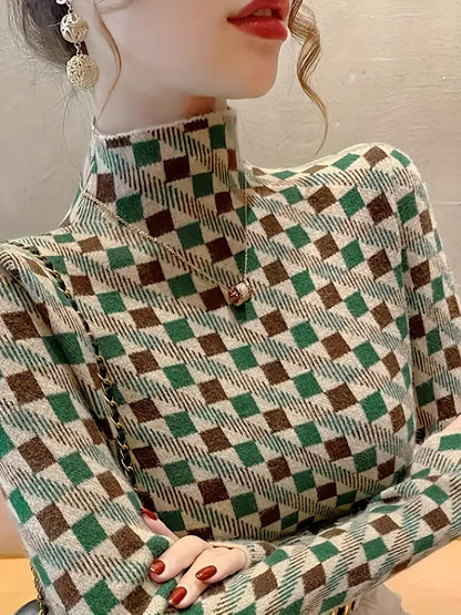 Avelena | Eleganter Damenstrickpullover Hoher Ausschnitt, Color Block