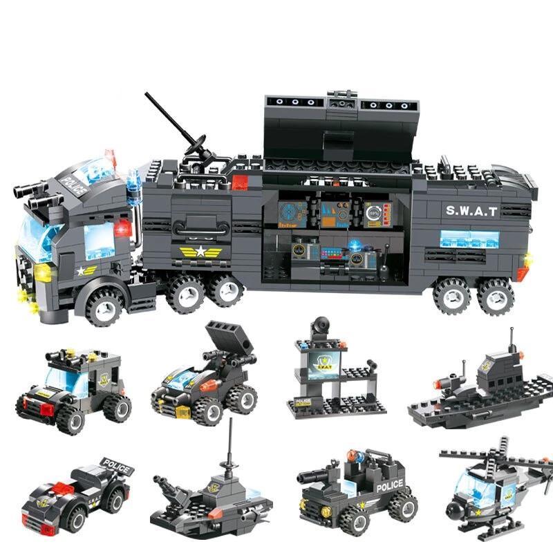 Avelena | 8 IN 1 Stadtpolizei Lkw Station Bauklötze Serie SWAT Spielzeug Geschenk Für Kinder
