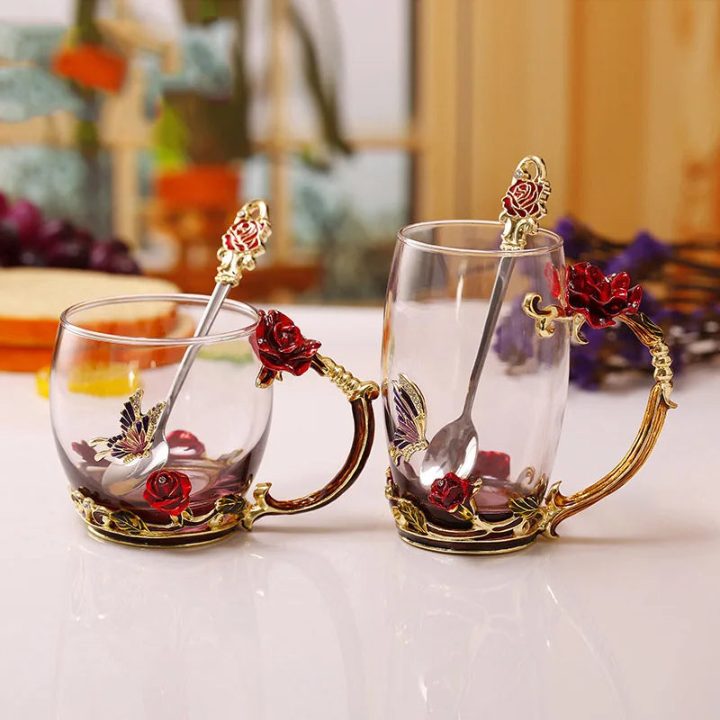 Avelena | Handgefertigte Emaille Kaffeetassen Rosen-Glas Teetasse mit Stahllöffel Luxus Einzigartige Geschenke für Hochzeit Valentinstag Geburtstagsgeschenke