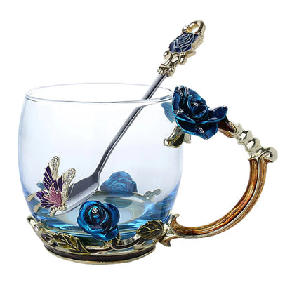 Avelena | Handgefertigte Emaille Kaffeetassen Rosen-Glas Teetasse mit Stahllöffel Luxus Einzigartige Geschenke für Hochzeit Valentinstag Geburtstagsgeschenke