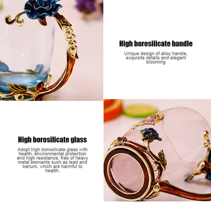 Avelena | Handgefertigte Emaille Kaffeetassen Rosen-Glas Teetasse mit Stahllöffel Luxus Einzigartige Geschenke für Hochzeit Valentinstag Geburtstagsgeschenke