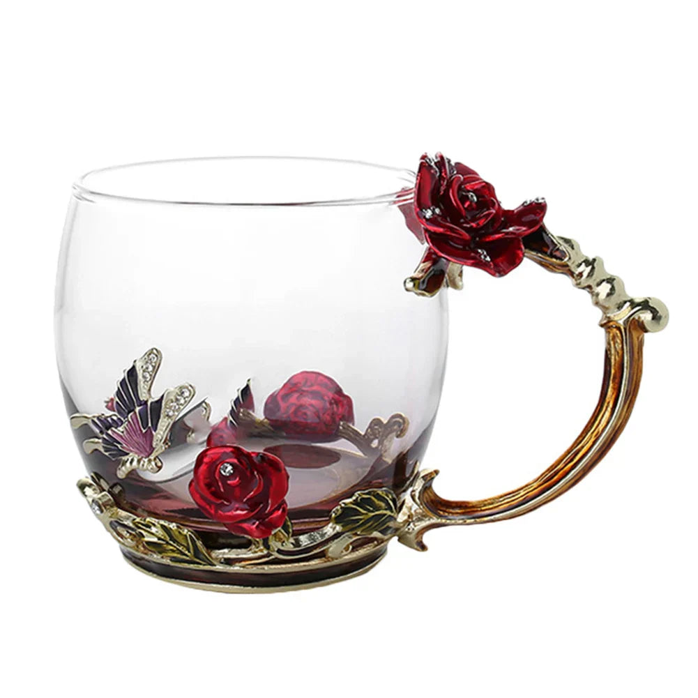 Avelena | Handgefertigte Emaille Kaffeetassen Rosen-Glas Teetasse mit Stahllöffel Luxus Einzigartige Geschenke für Hochzeit Valentinstag Geburtstagsgeschenke