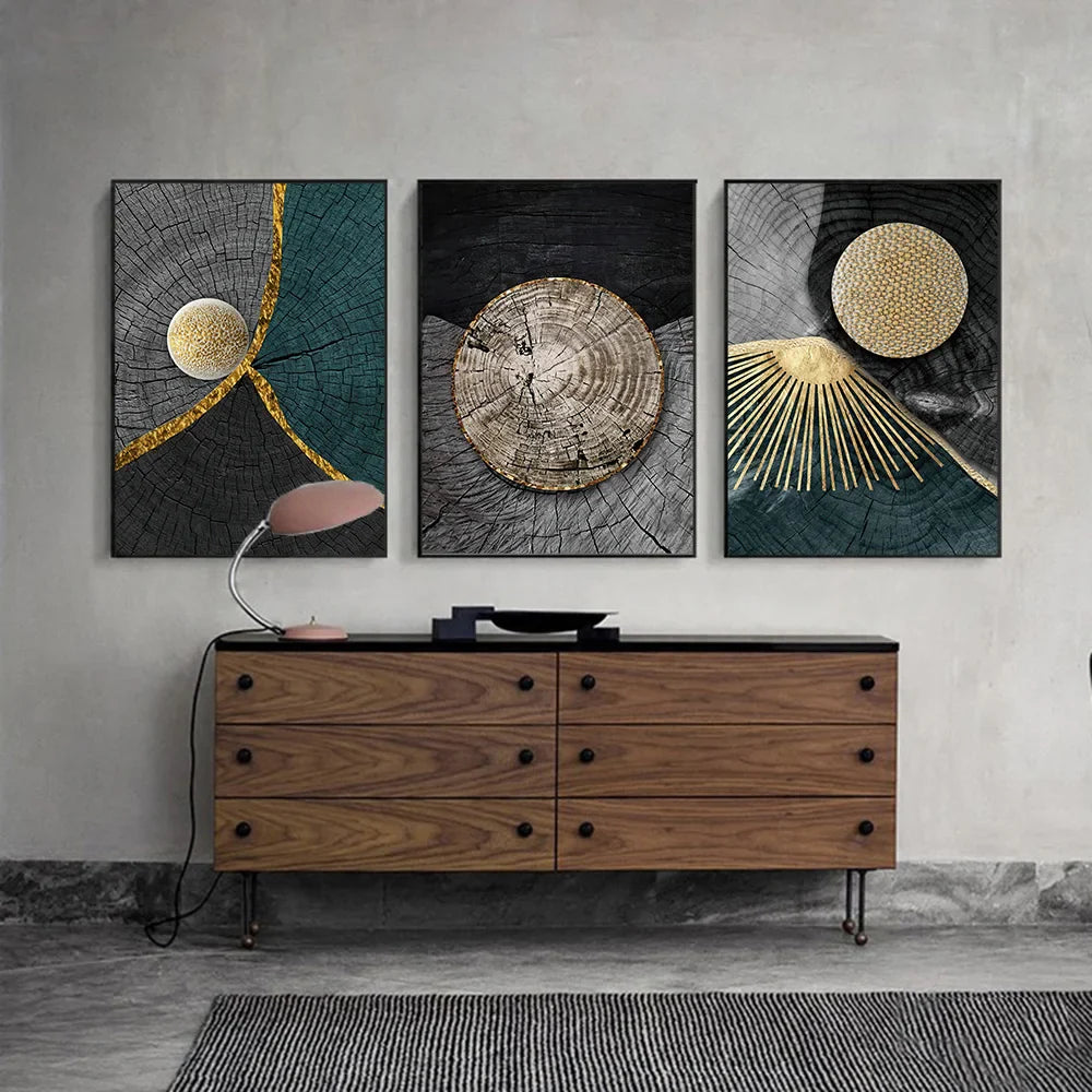 Avelena | Goldschwarz Drei Blumen Ringe Wandkunst Fine Art Leinwanddrucke Moderne Abstrakte Bilder für Urban Loft Luxuriöse Wohnzimmer Dekor