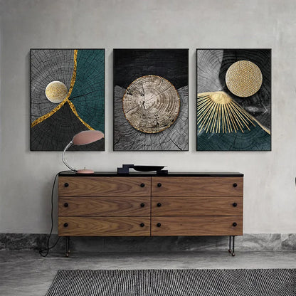 Avelena | Goldschwarz Drei Blumen Ringe Wandkunst Fine Art Leinwanddrucke Moderne Abstrakte Bilder für Urban Loft Luxuriöse Wohnzimmer Dekor