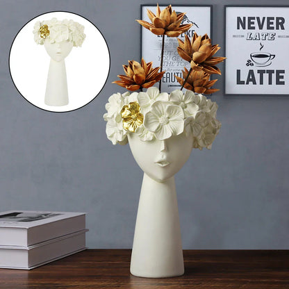 Avelena | Nordic Mädchen Kopf Blume Harz Vase Statue Blume Blumen Vasen für Büro Desktop Trockene Blumen Ornamente Dekor Container