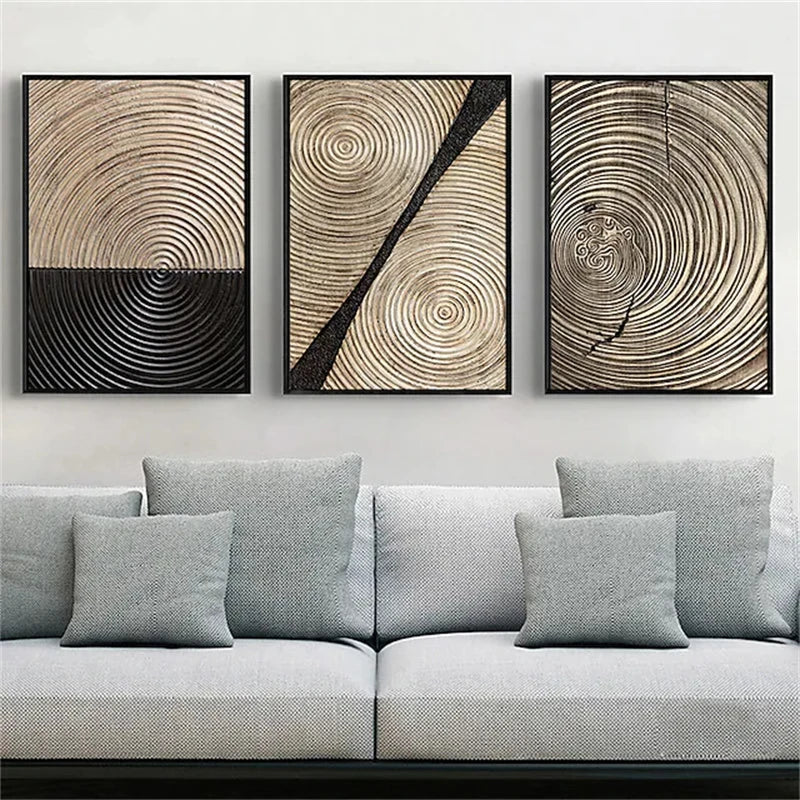 Avelena | Goldschwarz Drei Blumen Ringe Wandkunst Fine Art Leinwanddrucke Moderne Abstrakte Bilder für Urban Loft Luxuriöse Wohnzimmer Dekor