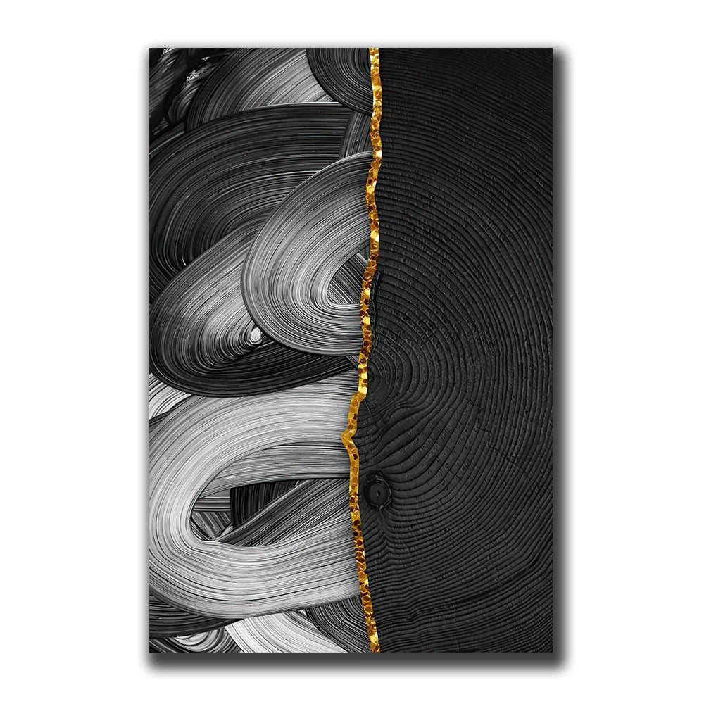 Avelena | Goldschwarz Drei Blumen Ringe Wandkunst Fine Art Leinwanddrucke Moderne Abstrakte Bilder für Urban Loft Luxuriöse Wohnzimmer Dekor