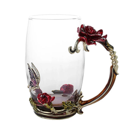 Avelena | Handgefertigte Emaille Kaffeetassen Rosen-Glas Teetasse mit Stahllöffel Luxus Einzigartige Geschenke für Hochzeit Valentinstag Geburtstagsgeschenke