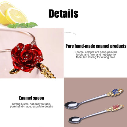 Avelena | Handgefertigte Emaille Kaffeetassen Rosen-Glas Teetasse mit Stahllöffel Luxus Einzigartige Geschenke für Hochzeit Valentinstag Geburtstagsgeschenke