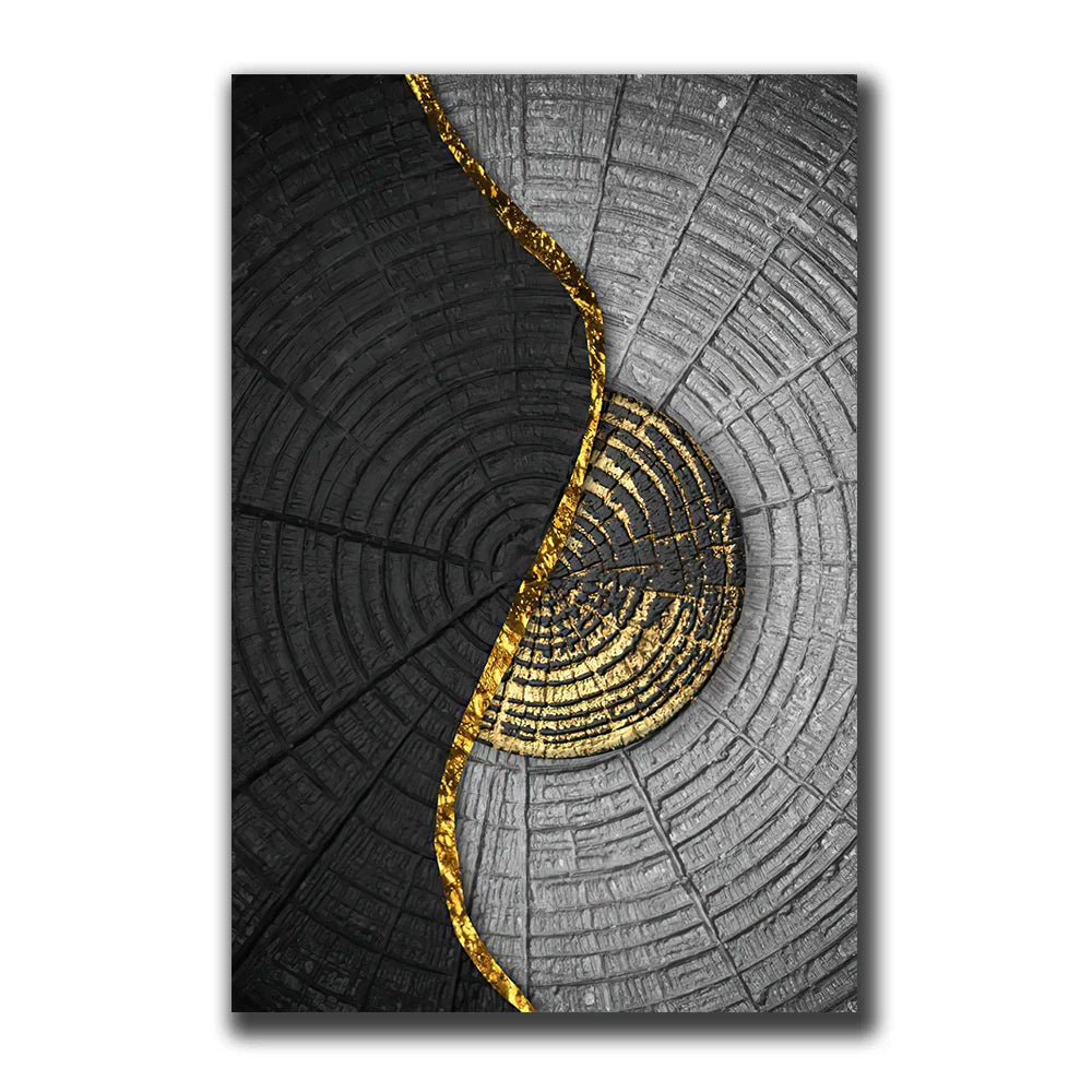 Avelena | Goldschwarz Drei Blumen Ringe Wandkunst Fine Art Leinwanddrucke Moderne Abstrakte Bilder für Urban Loft Luxuriöse Wohnzimmer Dekor