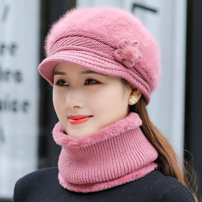 Avelena | Damen Wintermütze & Schal Set - Futtergefütterte Strickmütze mit Falschem Pelzblume