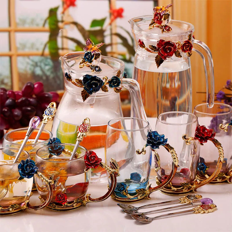 Avelena | Handgefertigte Emaille Kaffeetassen Rosen-Glas Teetasse mit Stahllöffel Luxus Einzigartige Geschenke für Hochzeit Valentinstag Geburtstagsgeschenke