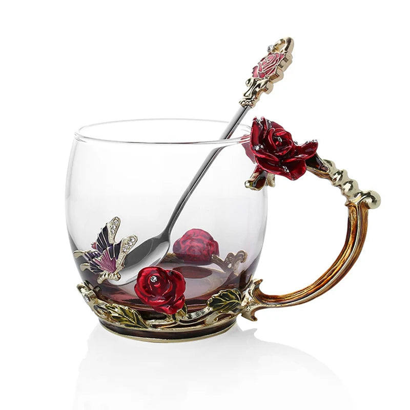 Avelena | Handgefertigte Emaille Kaffeetassen Rosen-Glas Teetasse mit Stahllöffel Luxus Einzigartige Geschenke für Hochzeit Valentinstag Geburtstagsgeschenke
