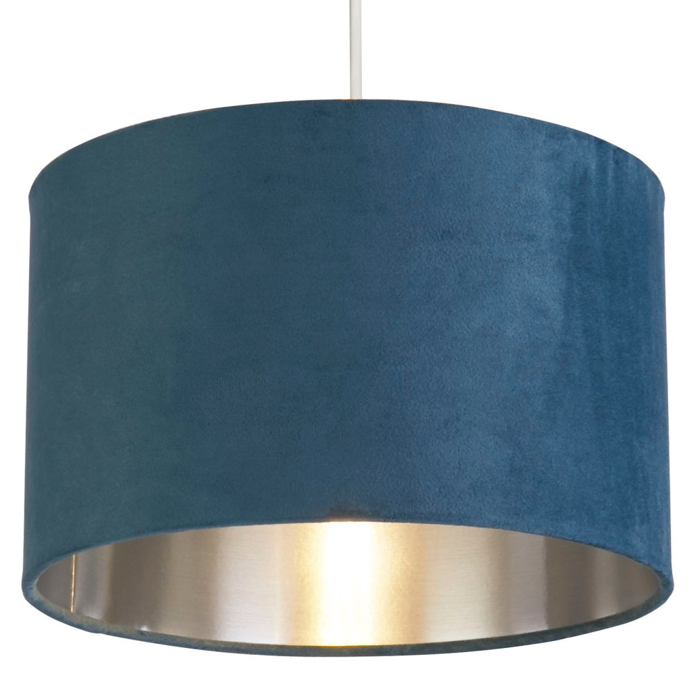 Avelena | Teal Blue Velvet Vintage Easy Fit Drum Shade mit Silber Innenseite 28cm
