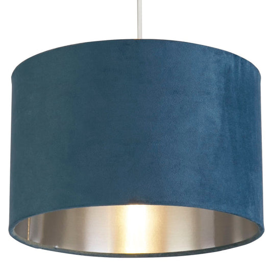 Avelena | Teal Blue Velvet Vintage Easy Fit Drum Shade mit Silber Innenseite 28cm