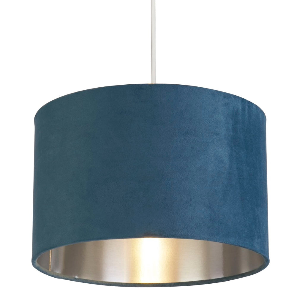 Avelena | Teal Blue Velvet Vintage Easy Fit Drum Shade mit Silber Innenseite 28cm